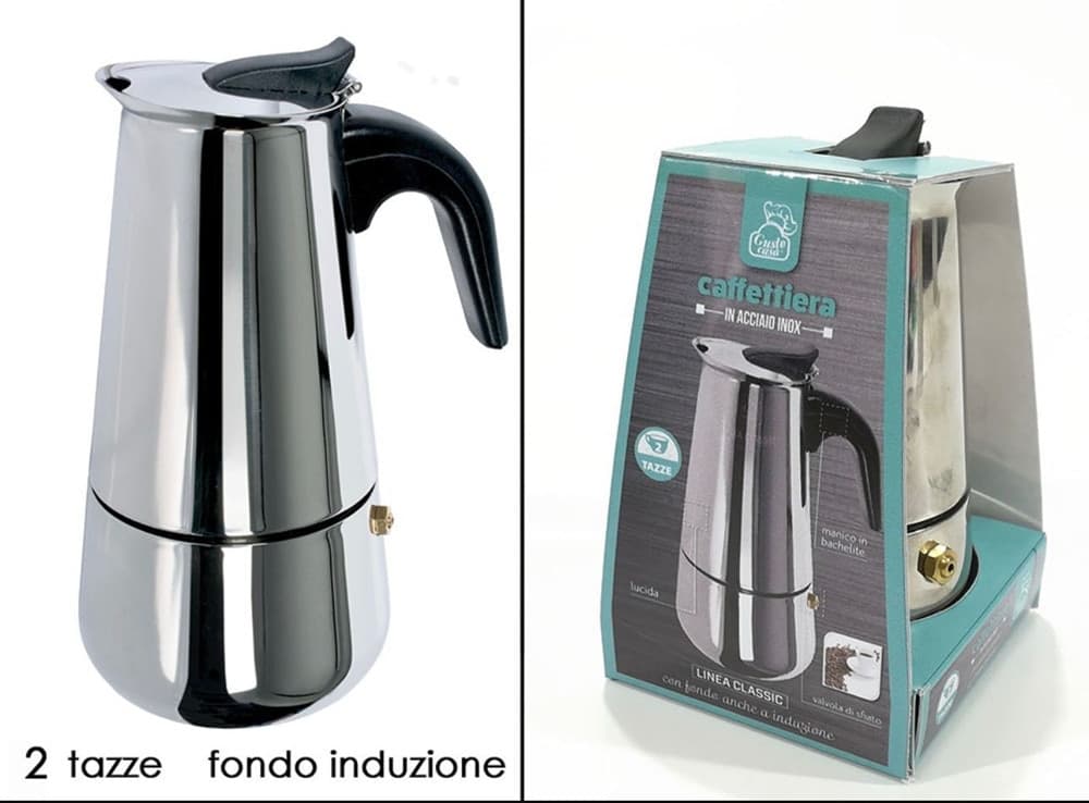 CAFFETTIERA MOKA IN ACCIAIO INOX LUCIDO CON MANICO IN BACHELITE DA 2 TAZZE FONDO INDUZIONE - 2