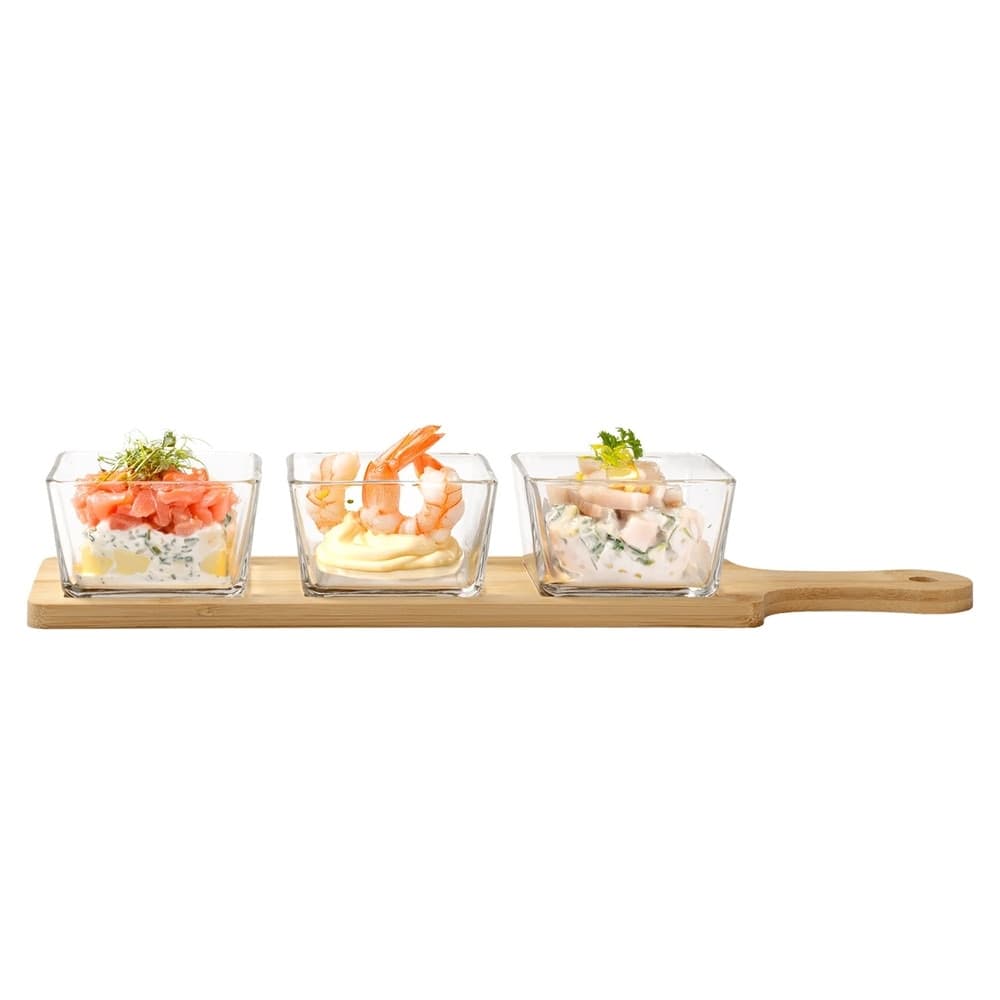 ANTIPASTIERA CON 3 CIOTOLE IN VETRO VASSOIO BASE IN BAMBOO 40X10CM PER SALSE FINGER FOOD - 3