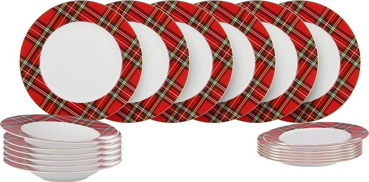 SET SERVIZIO DI 18 PZ PIATTI CON MOTIVO A BORDO TARTAN IN PORCELLANA DA TAVOLA NATALIZIO - 4