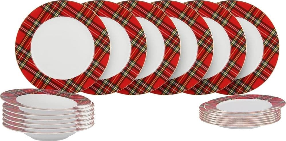 SET SERVIZIO DI 18 PZ PIATTI CON MOTIVO A BORDO TARTAN IN PORCELLANA DA TAVOLA NATALIZIO - 4