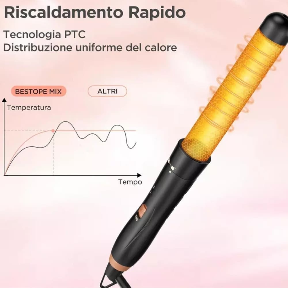 SET 5IN1 PIASTRA CAPELLI 3 CONI ARRICCIACAPELLI LISCI ONDE CERAMICA RISCALDAMENTO RAPIDO - 7