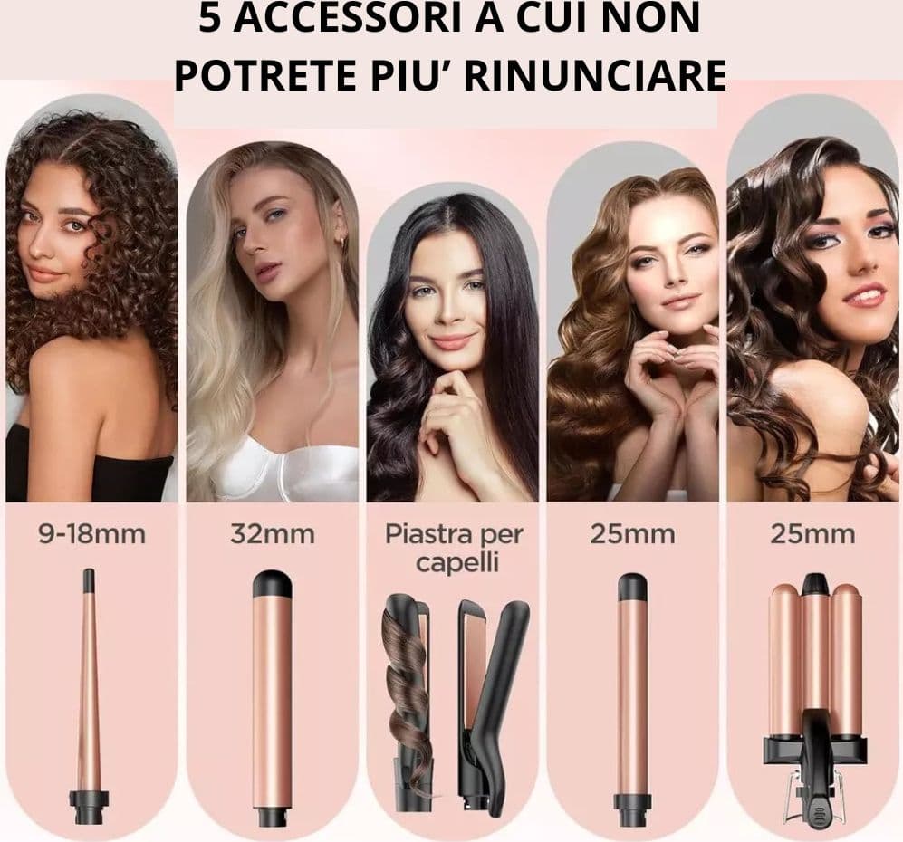 SET 5IN1 PIASTRA CAPELLI 3 CONI ARRICCIACAPELLI LISCI ONDE CERAMICA RISCALDAMENTO RAPIDO - 8