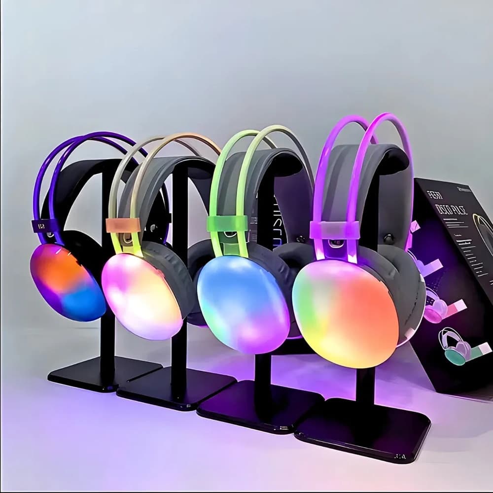 CUFFIE WIRELESS RICARICABILE BLUETOOTH V5.3 LUCI RGB LED AURICOLARE MUSICA PC SMARTPHONE - 8