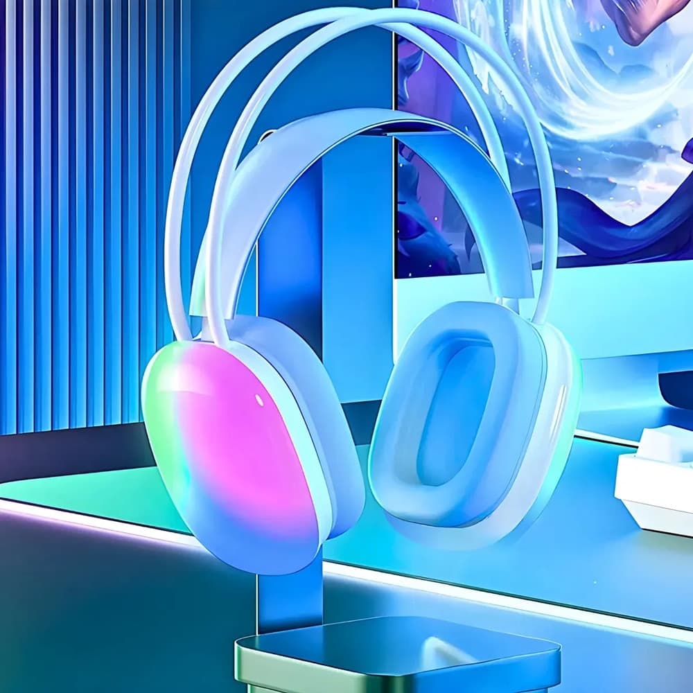 CUFFIE WIRELESS RICARICABILE BLUETOOTH V5.3 LUCI RGB LED AURICOLARE MUSICA PC SMARTPHONE - 9
