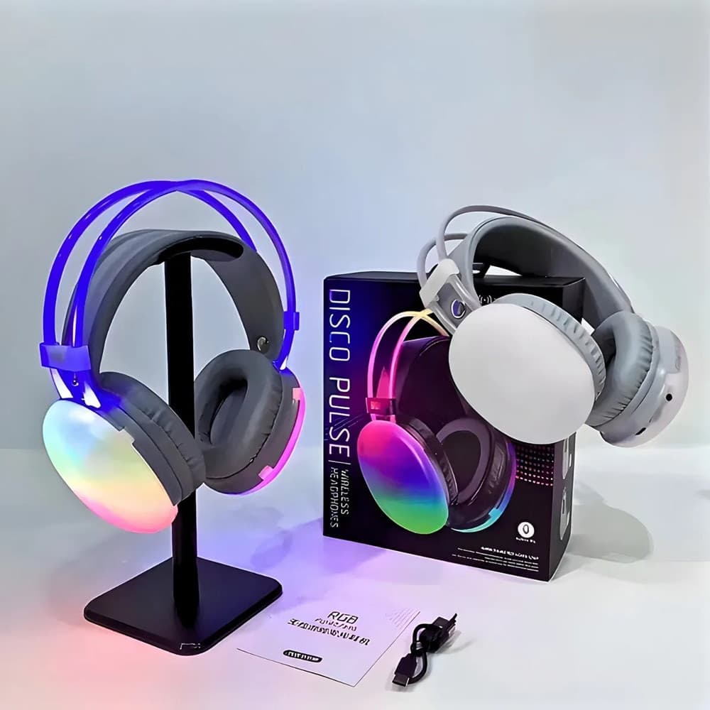 CUFFIE WIRELESS RICARICABILE BLUETOOTH V5.3 LUCI RGB LED AURICOLARE MUSICA PC SMARTPHONE - 10