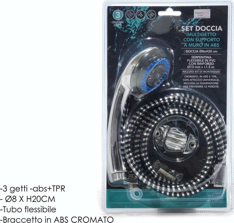SET DOCCIA DOCCETTA MULTIGETTO 3 GETTI CON SUPPORTO MURO TUBO FLESSIBILE 1.5MT UNIVERSALE - 2