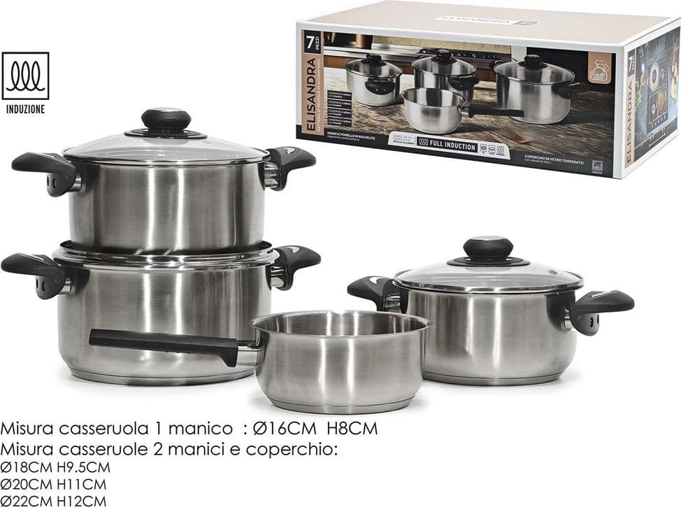 SET BATTERIA DI PENTOLE 7 PZ IN ACCIAIO INOX CON FONDO FULL INDUCTION COPERCHI IN VETRO - 2