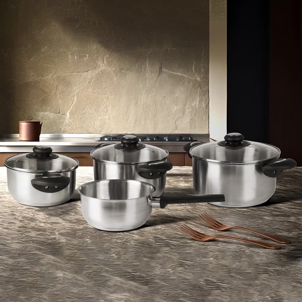 SET BATTERIA DI PENTOLE 7 PZ IN ACCIAIO INOX CON FONDO FULL INDUCTION COPERCHI IN VETRO - 3