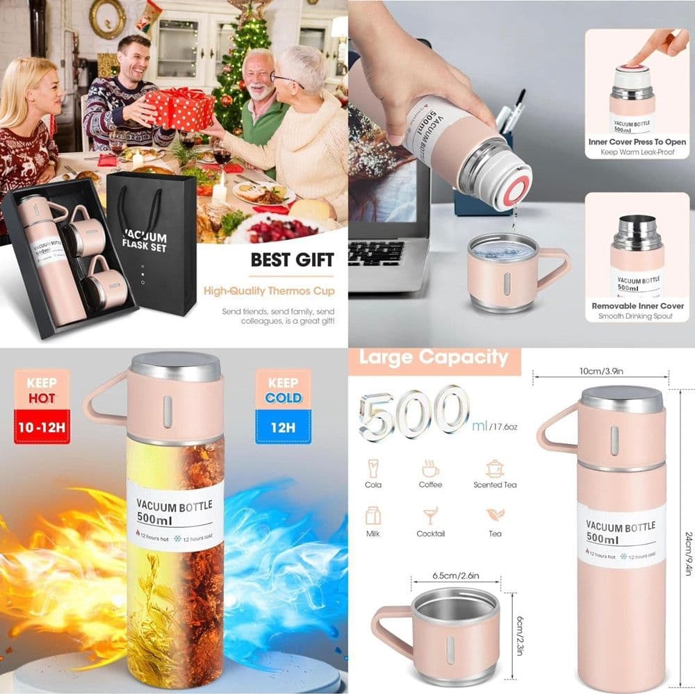 SET THERMOS IN ACCIAIO INFRANGIBILE A DOPPIA PARETE DA 500 ML CON 2 TAZZE TERMICHE REGALO - 11