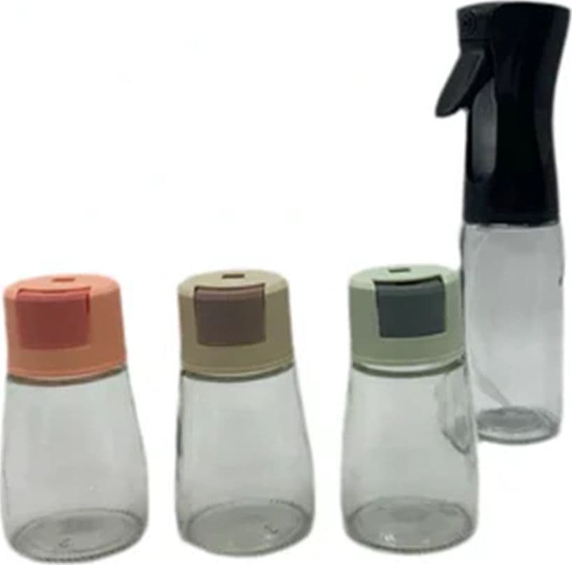 SET DISPENSER SPRAY PER OLIO CON 3 CONTENITORI DOSATORE PER CONDIMENTI SPEZIE SALE CUCINA - 6