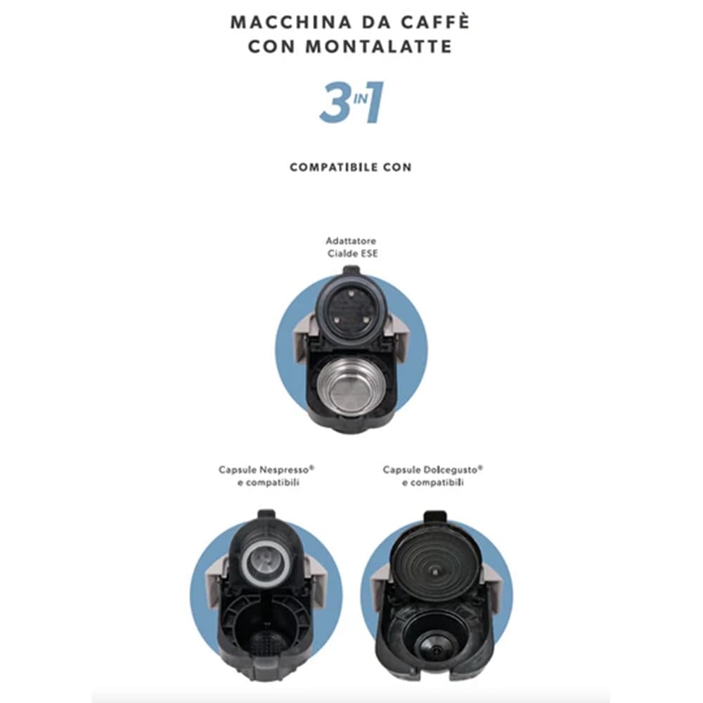 MACCHINA DA CAFFÈ CON MONTALATTE 3 IN 1 1350W MULTIFUNZIONE ADATTATORI PER CAPSULE CIALDE - 4