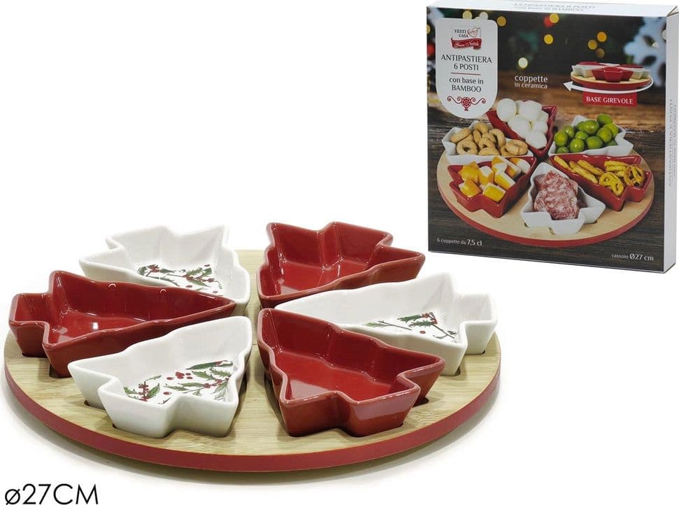 ANTIPASTIERA 6 POSTI CON BASE IN BAMBOO Ø27CM GIREVOLE 6 COPPETTE CERAMICA ALBERI NATALE - 2