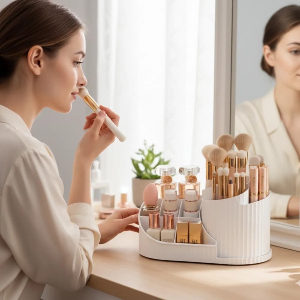 ORGANIZZATORE PER TRUCCO COSMETICI ROTANTE CON PORTAPENNELLI MULTISCOMPARTO COMPATTO - 11
