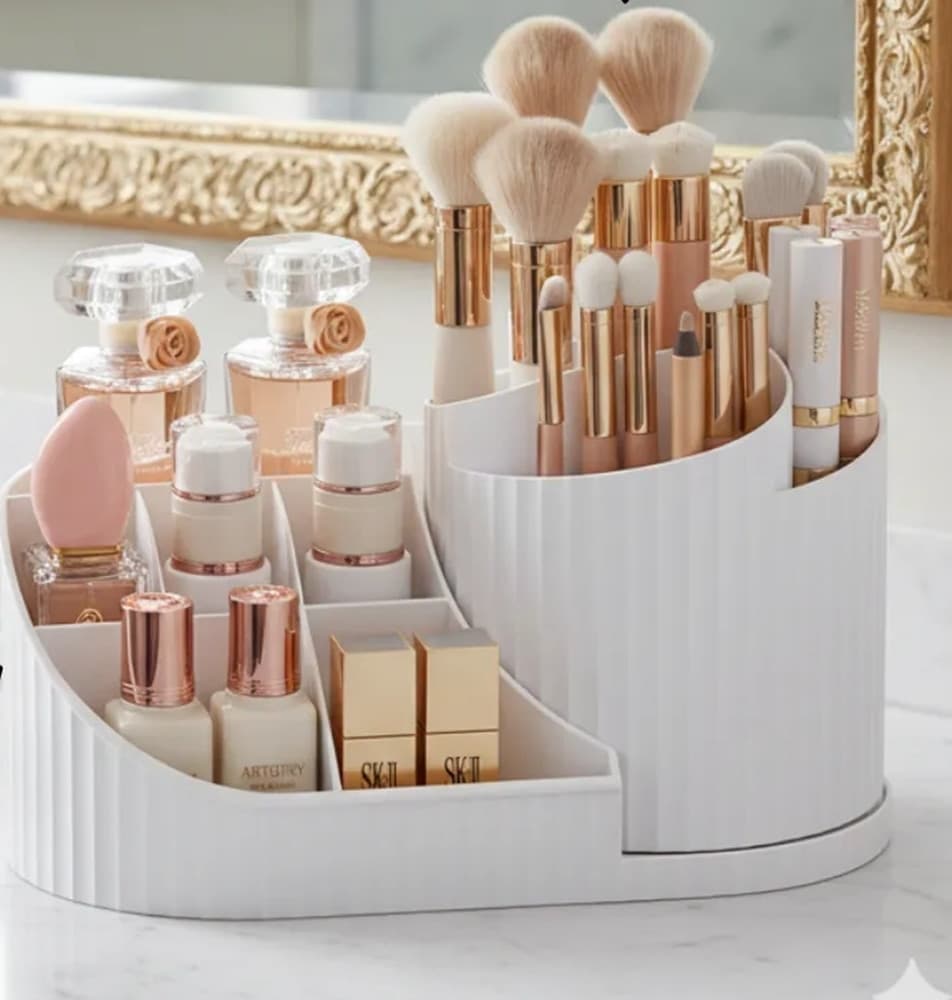 ORGANIZZATORE PER TRUCCO COSMETICI ROTANTE CON PORTAPENNELLI MULTISCOMPARTO COMPATTO - 17