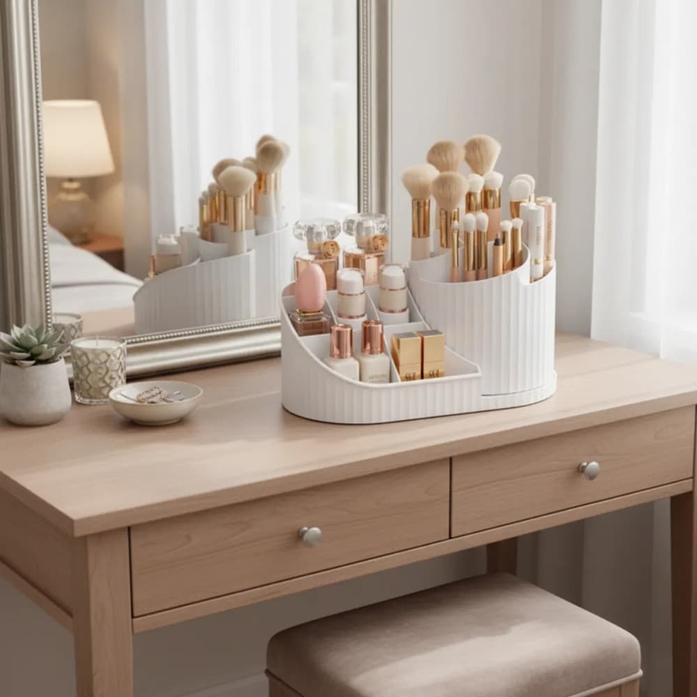 ORGANIZZATORE PER TRUCCO COSMETICI ROTANTE CON PORTAPENNELLI MULTISCOMPARTO COMPATTO - 18