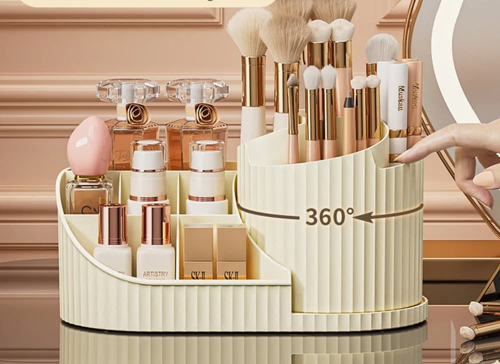 ORGANIZZATORE PER TRUCCO COSMETICI ROTANTE CON PORTAPENNELLI MULTISCOMPARTO COMPATTO - 19