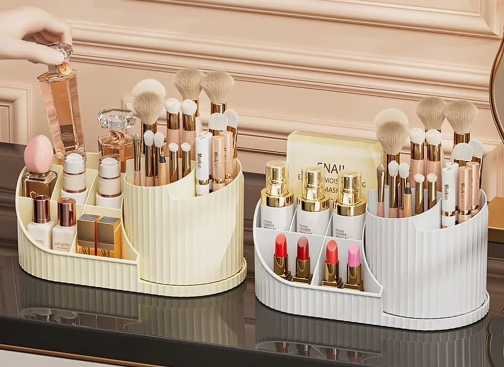 ORGANIZZATORE PER TRUCCO COSMETICI ROTANTE CON PORTAPENNELLI MULTISCOMPARTO COMPATTO - 7
