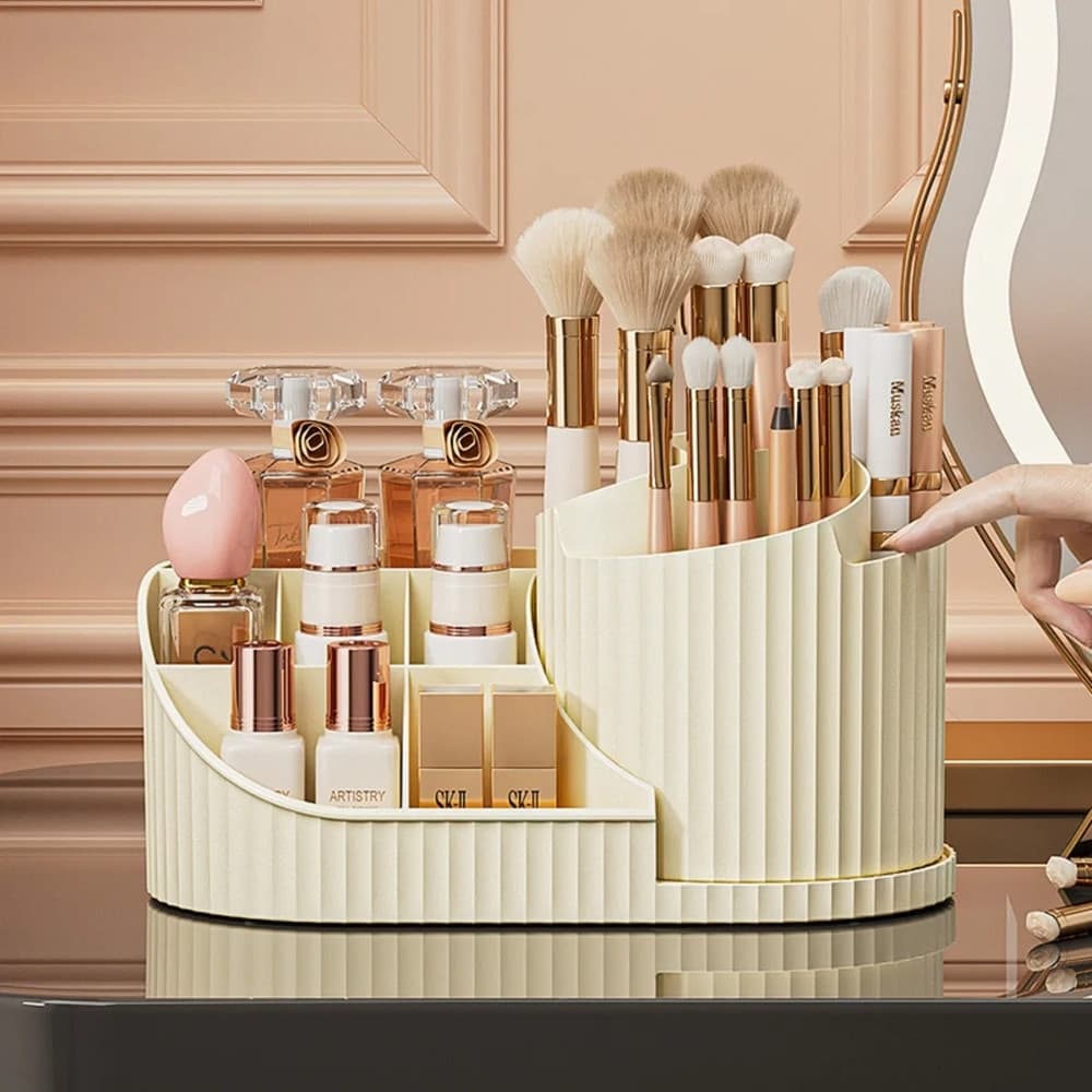ORGANIZZATORE PER TRUCCO COSMETICI ROTANTE CON PORTAPENNELLI MULTISCOMPARTO COMPATTO - 9