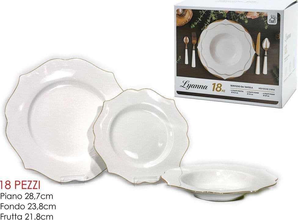 SET SERVIZIO DI PIATTI DA TAVOLA IN PORCELLANA 18PZ DESIGN ELEGANTE CON BORDI SMERLATI ORO - 4