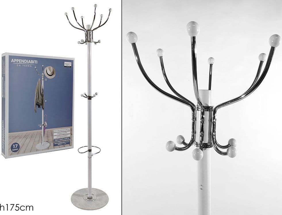 ATTACCAPANNI APPENDIABITI DA TERRA CON 17 GANCI IN METALLO CROMO BIANCO BASE IN MARMO 175CM - 6