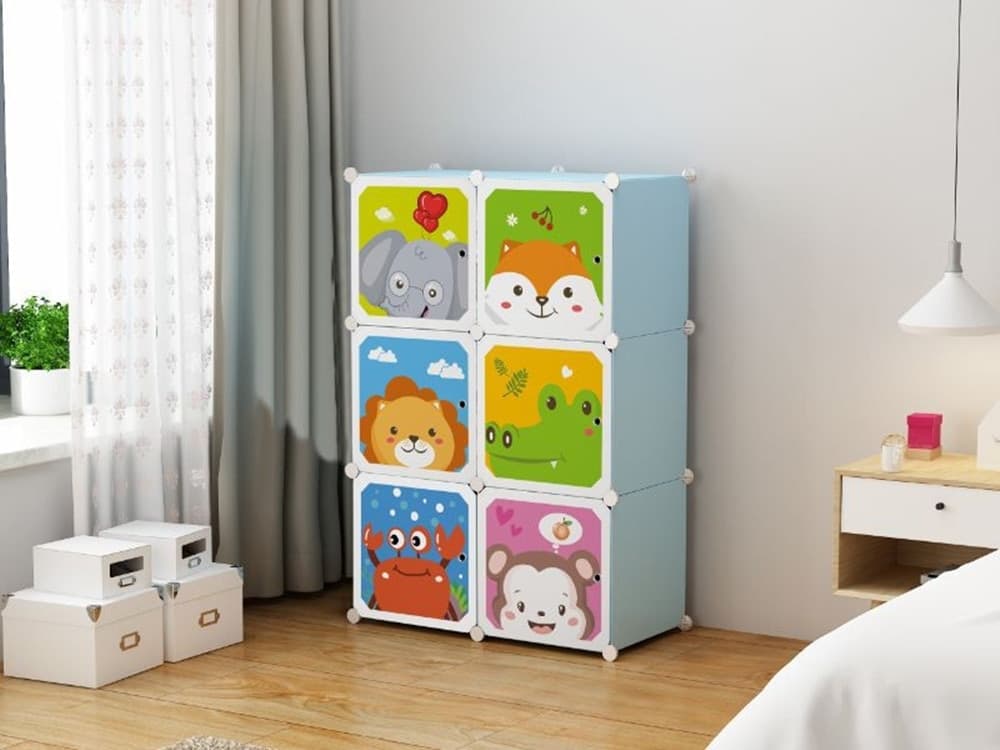 ARMADIO MODULARE PER BAMBINI MULTIUSO PORTAOGGETTI A 6 SCOMPARTI CUBI CON ANTE DECORATE - 2