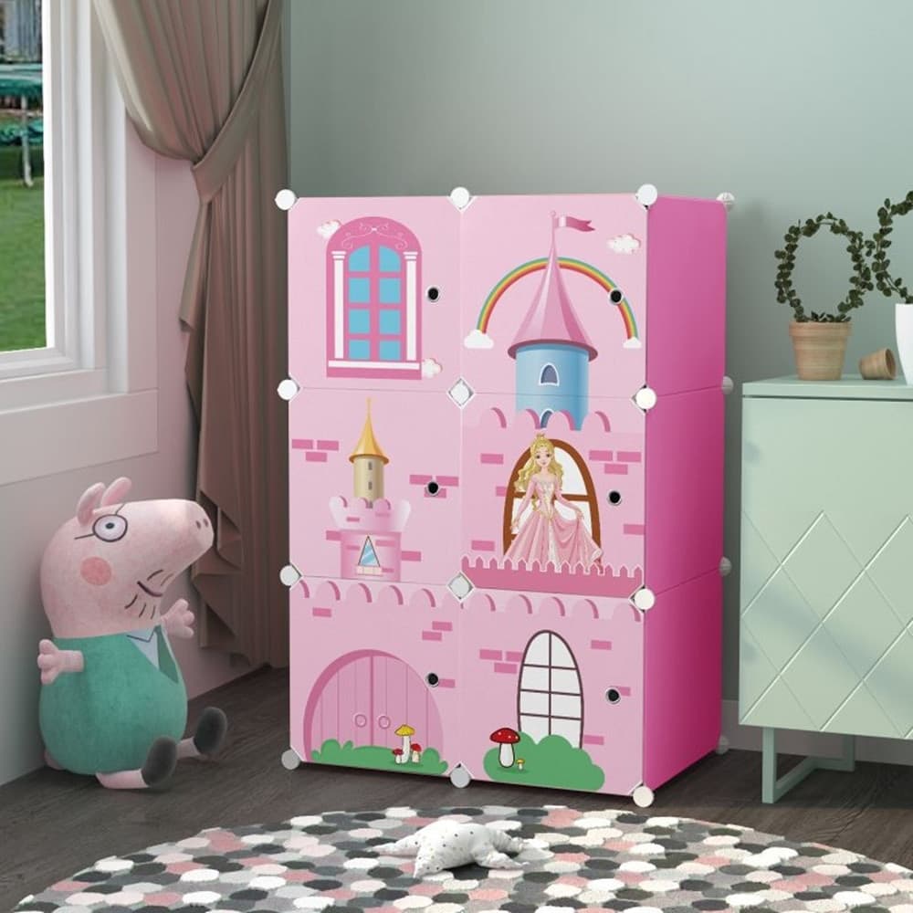 ARMADIO MODULARE PER BAMBINI MULTIUSO PORTAOGGETTI A 6 SCOMPARTI CUBI CON ANTE DECORATE - 3