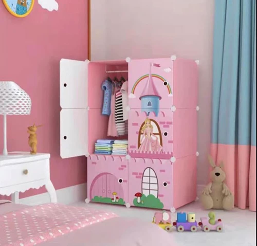 ARMADIO MODULARE PER BAMBINI MULTIUSO PORTAOGGETTI A 6 SCOMPARTI CUBI CON ANTE DECORATE - 4