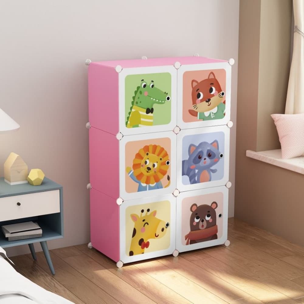 ARMADIO MODULARE PER BAMBINI MULTIUSO PORTAOGGETTI A 6 SCOMPARTI CUBI CON ANTE DECORATE - 5