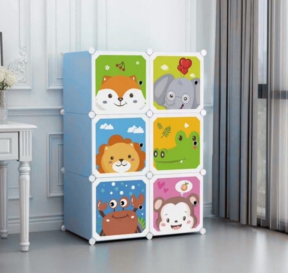 ARMADIO MODULARE PER BAMBINI MULTIUSO PORTAOGGETTI A 6 SCOMPARTI CUBI CON ANTE DECORATE - 7