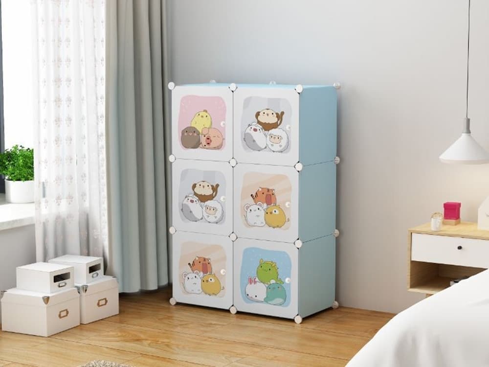 ARMADIO MODULARE PER BAMBINI MULTIUSO PORTAOGGETTI A 6 SCOMPARTI CUBI CON ANTE DECORATE - 8