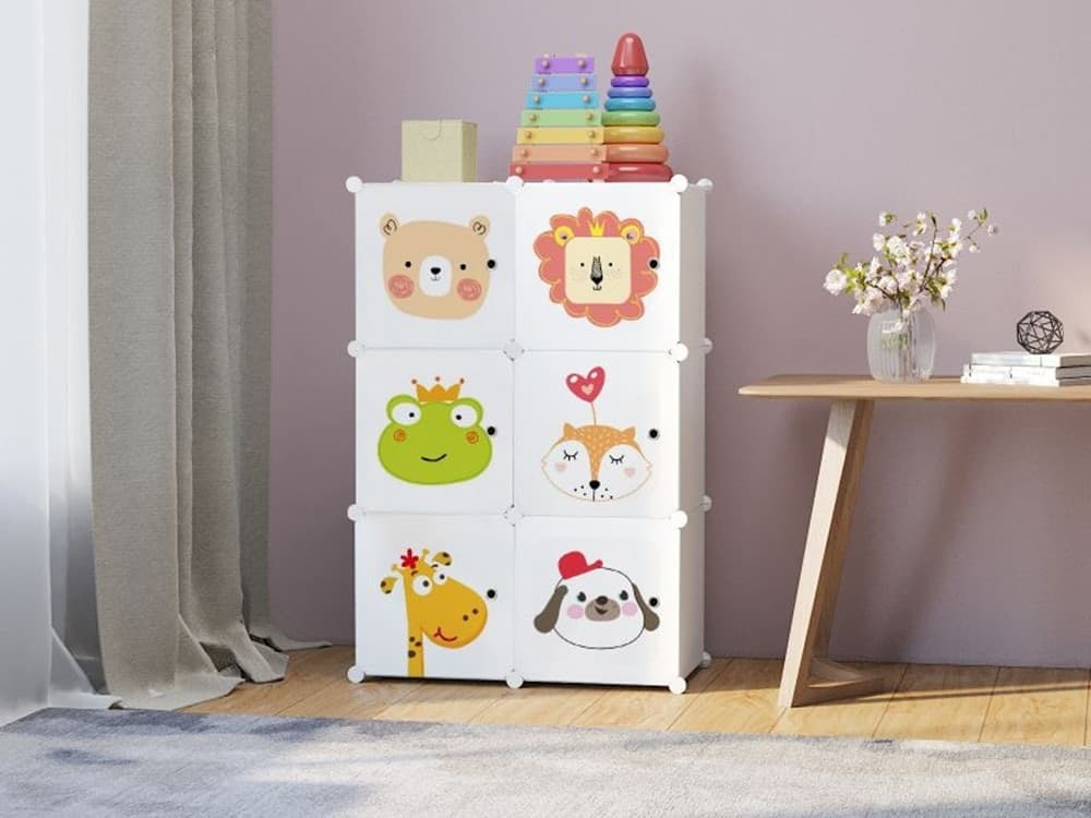 ARMADIO MODULARE PER BAMBINI MULTIUSO PORTAOGGETTI A 6 SCOMPARTI CUBI CON ANTE DECORATE - 10