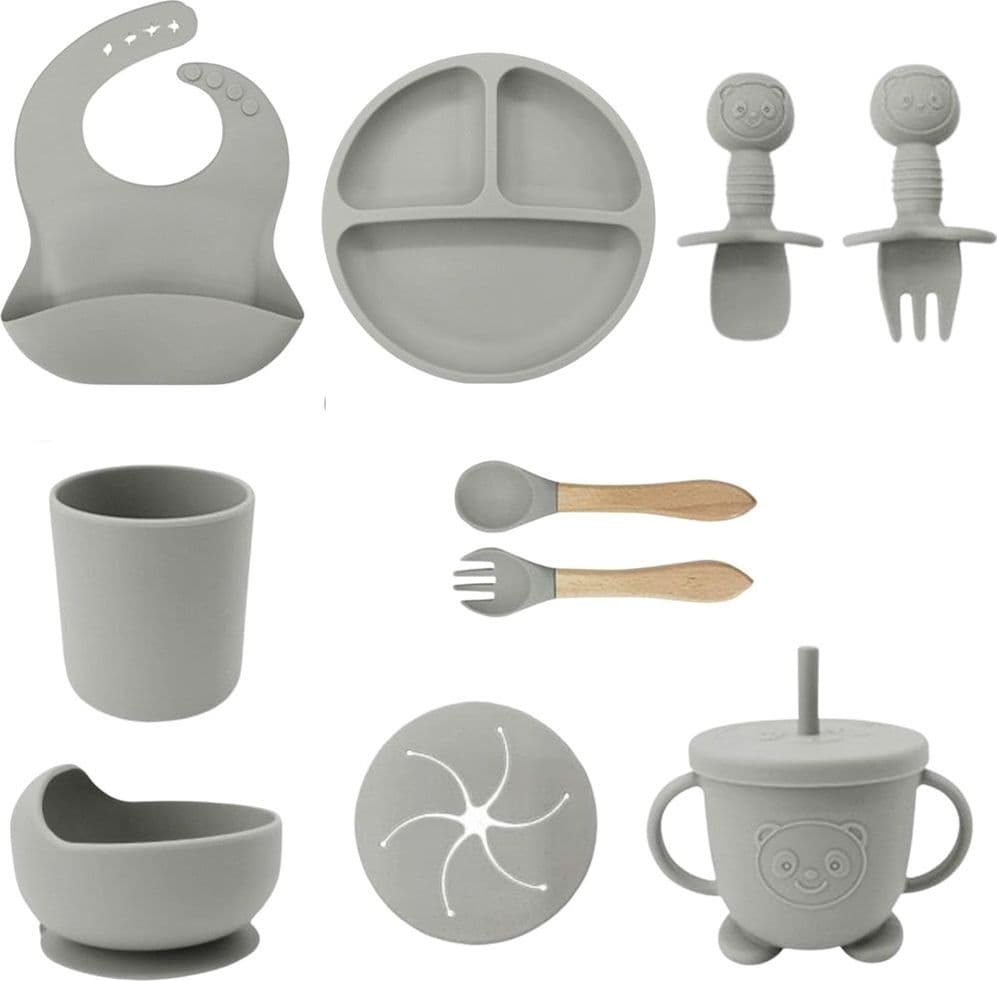 SET 10PZ PAPPA SVEZZAMENTO BAMBINI SILICONE PIATTO CIOTOLA CUCCHIAIO FORCHETTA BAVAGLINI - 11