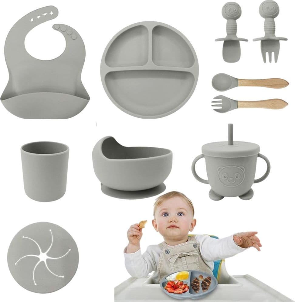 SET 10PZ PAPPA SVEZZAMENTO BAMBINI SILICONE PIATTO CIOTOLA CUCCHIAIO FORCHETTA BAVAGLINI - 12
