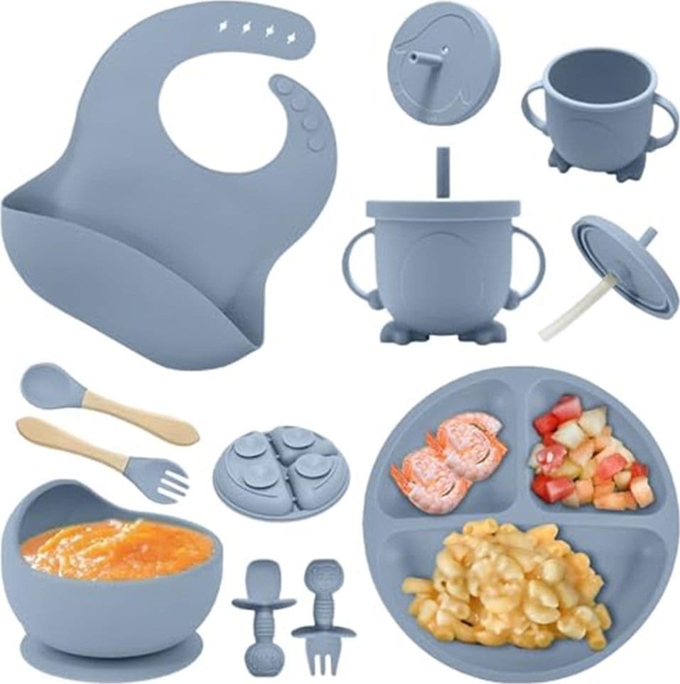 SET 10PZ PAPPA SVEZZAMENTO BAMBINI SILICONE PIATTO CIOTOLA CUCCHIAIO FORCHETTA BAVAGLINI - 13