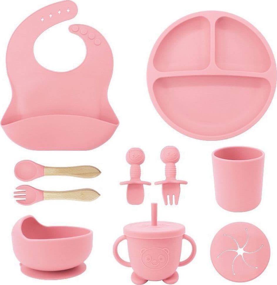 SET 10PZ PAPPA SVEZZAMENTO BAMBINI SILICONE PIATTO CIOTOLA CUCCHIAIO FORCHETTA BAVAGLINI - 14
