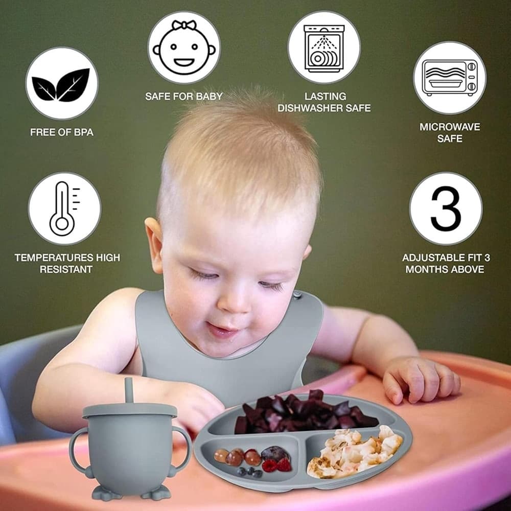 SET 10PZ PAPPA SVEZZAMENTO BAMBINI SILICONE PIATTO CIOTOLA CUCCHIAIO FORCHETTA BAVAGLINI - 7