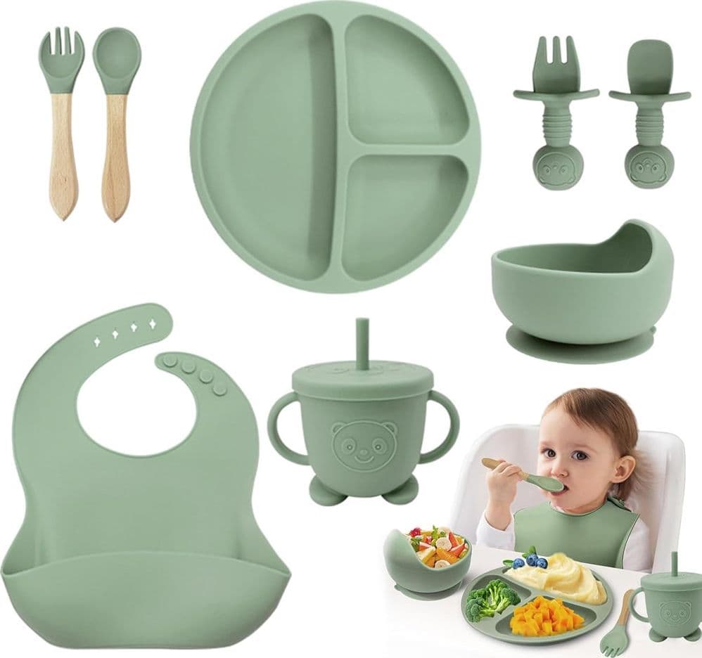 SET 10PZ PAPPA SVEZZAMENTO BAMBINI SILICONE PIATTO CIOTOLA CUCCHIAIO FORCHETTA BAVAGLINI - 9