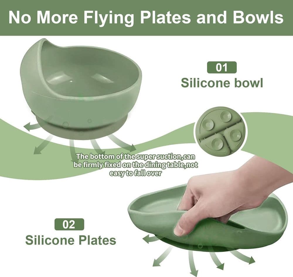 SET 10PZ PAPPA SVEZZAMENTO BAMBINI SILICONE PIATTO CIOTOLA CUCCHIAIO FORCHETTA BAVAGLINI - 10