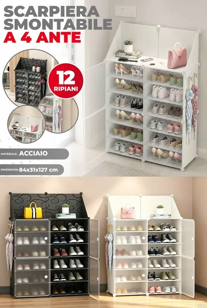 SCARPIERA 6 LIVELLI PORTASCARPE IMPILABILE STACCABILE PORTE TRASPARENTI PORTAOGGETTI GANCI - 8