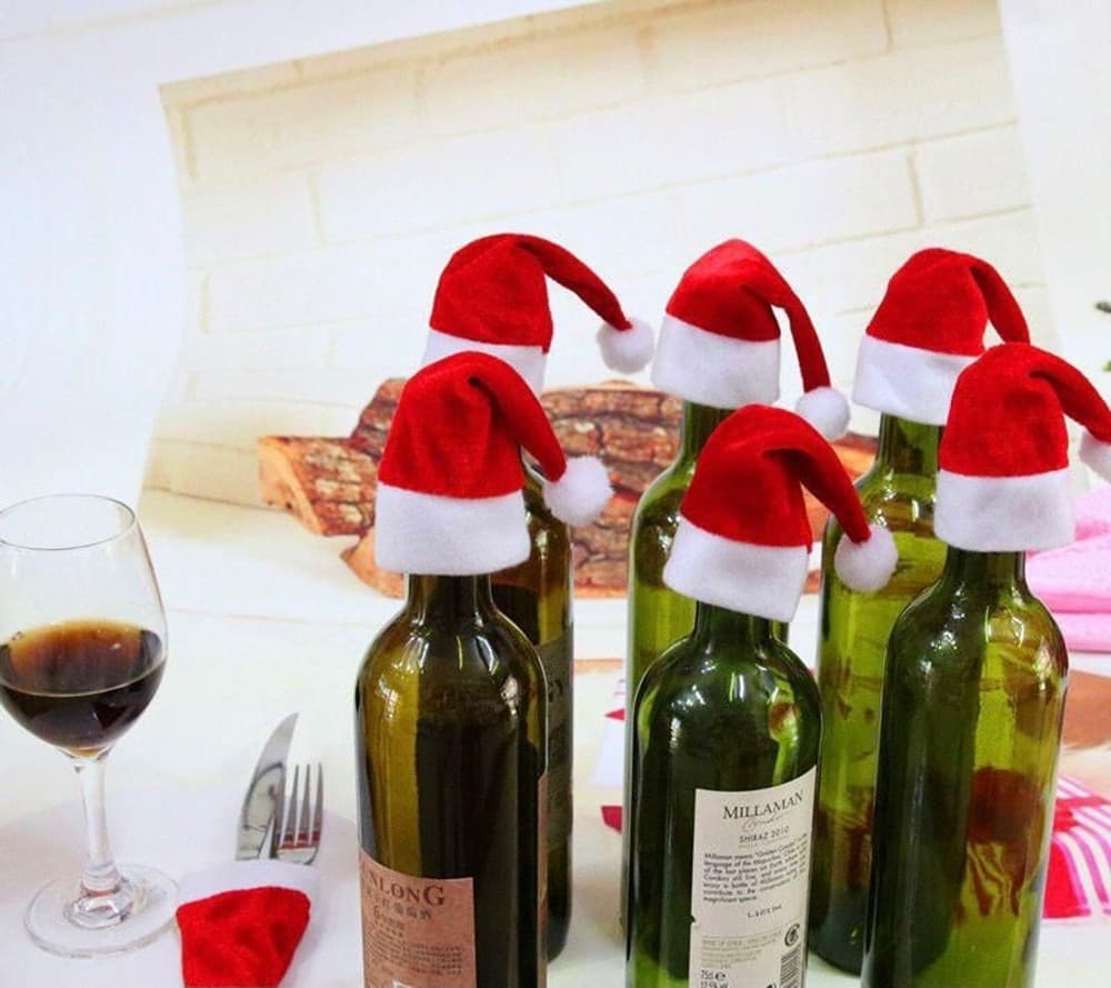 10PZ PORTAPOSATE FORMA CAPPELLO NATALE PER DECORAZIONE CUCINA TAVOLO BOTTIGLIA VINO ROSSO - 6