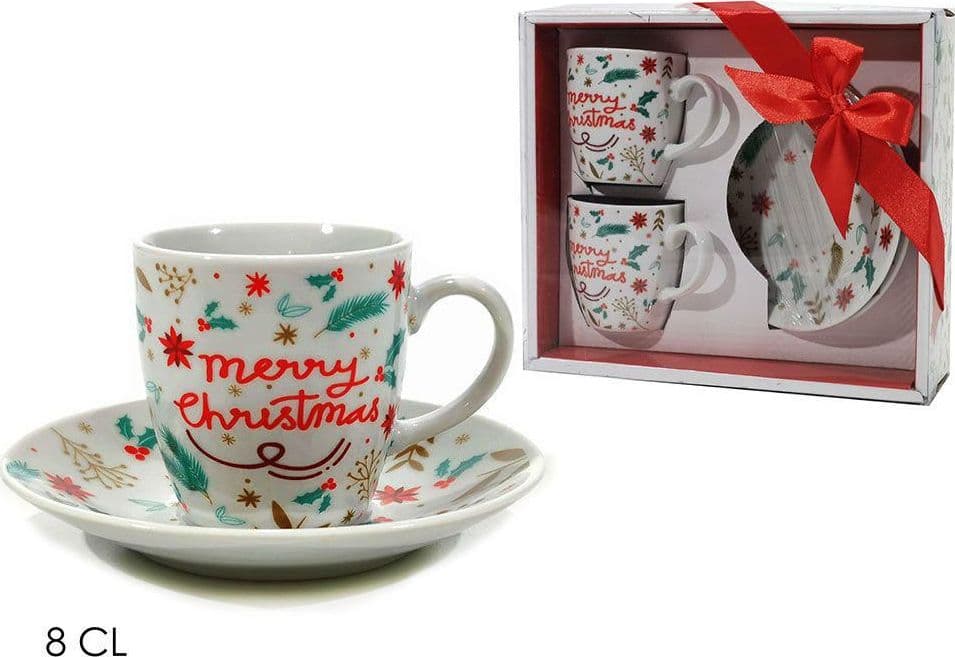 SET 2PZ TAZZINE DA CAFFÈ DA 8 CL BIANCHE CON PIATTINO IN CERAMICA CON DECORO NATALIZIO - 2