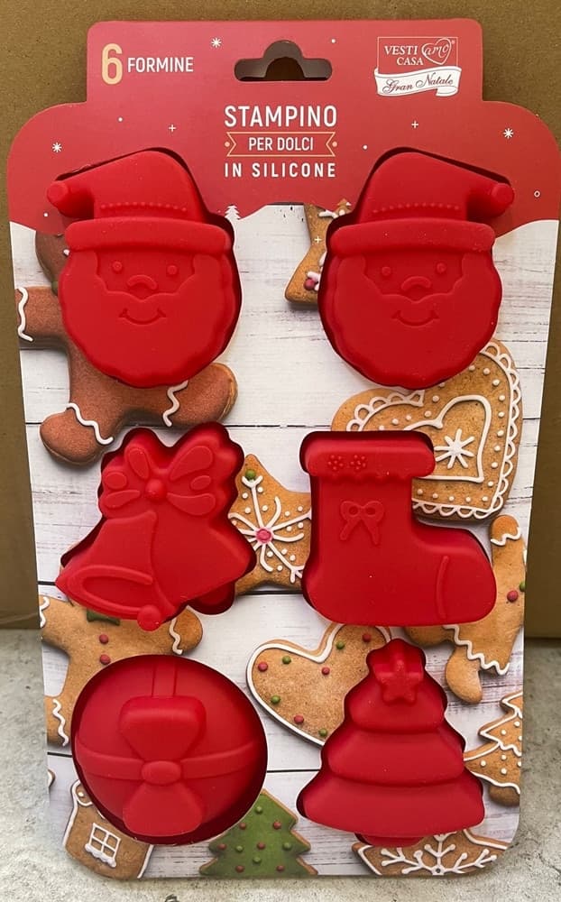 SET DI STAMPINI IN SILICONE PER BISCOTTI DOLCI 6 FORMINE ROSSE CON VARI SOGGETTI NATALIZI - 2