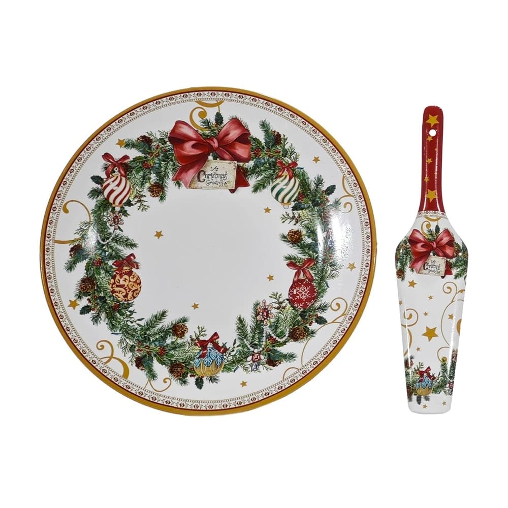 SET PIATTO ROTONDO + PALETTA COORDINATA DI NATALE IN CERAMICA DECORATIVA Ø27CM 4 MODELLI - 6