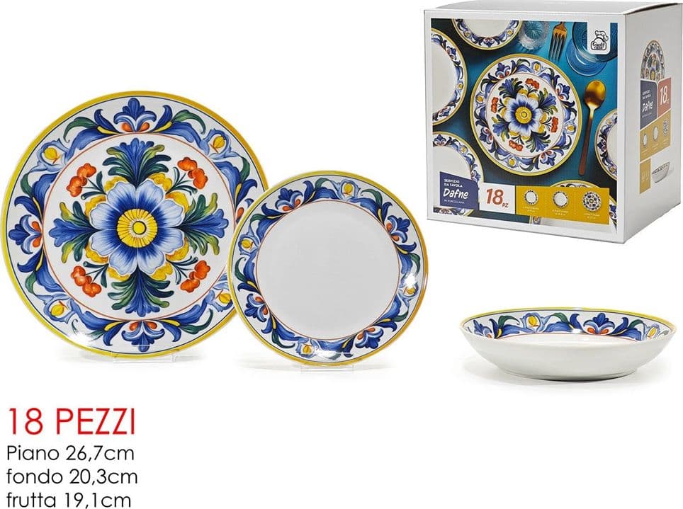 SET SERVIZIO DI PIATTI IN PORCELLANA 18 PZ DECORAZIONE A FIORE CLASSICA MAIOLICA DA TAVOLA - 2