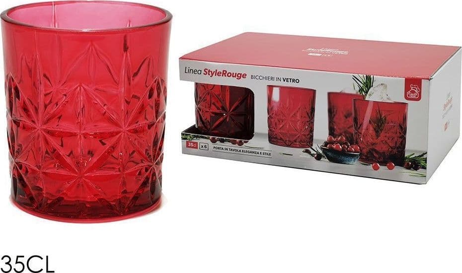 SET 6 PZ DI BICCHIERI IN VETRO DA WHISKY DI COLORE ROSSO CAPACITÀ 35CL STILE ELEGANTE - 2