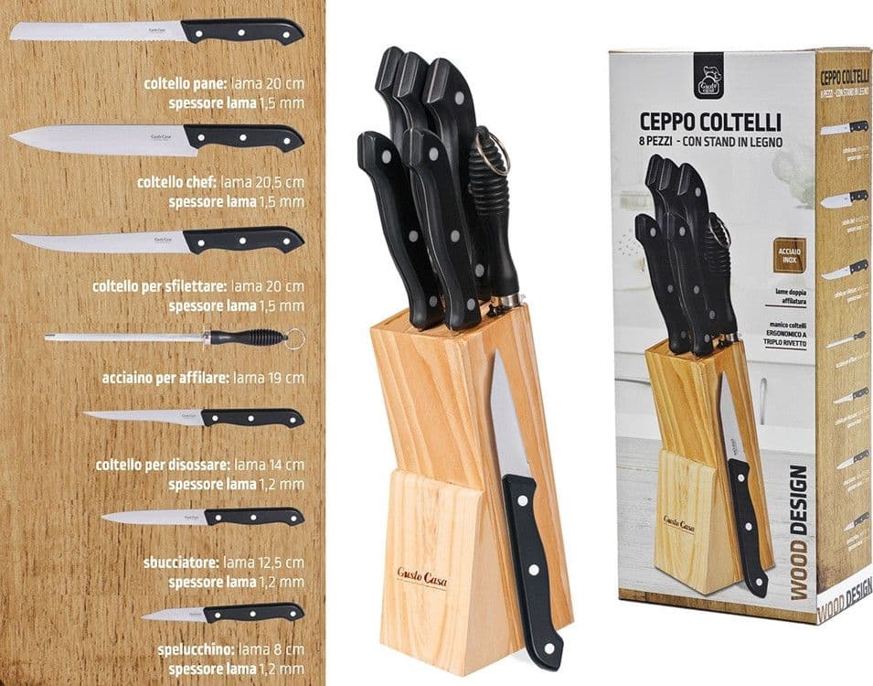 SET CEPPO COLTELLI IN ACCIAIO INOX DA CUCINA 8 PEZZI CON STAND PORTACOLTELLI IN LEGNO - 10