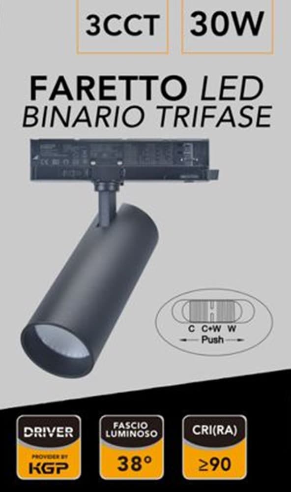 FARETTO A LED PER PISTA BINARIO TRIFASE 30 W CCT LUCE 300K-4000K-5000K IP20 GD23K-3C - 9