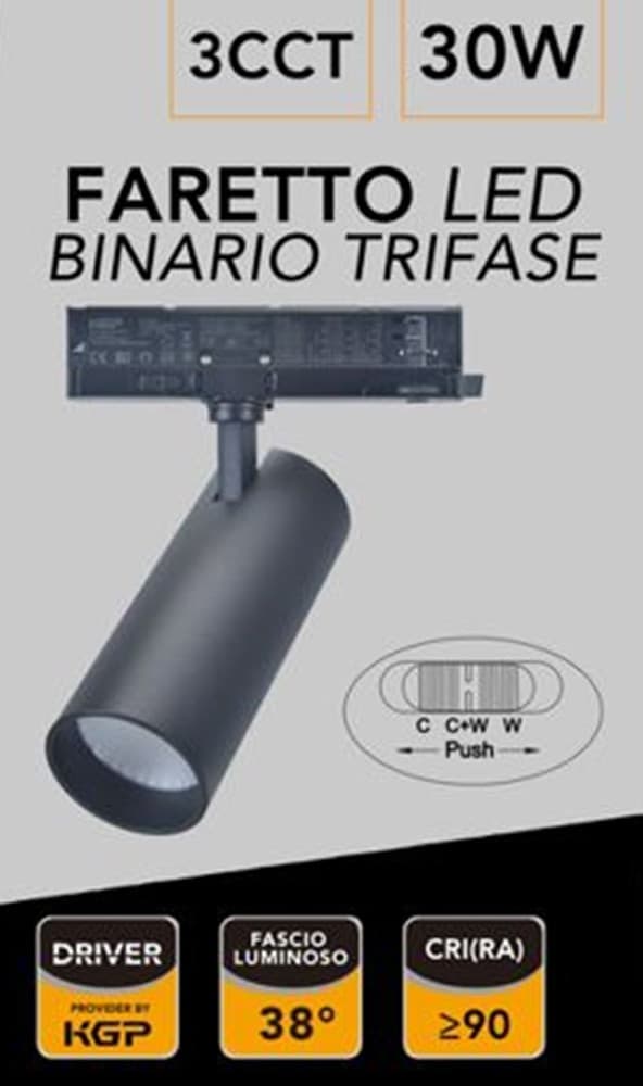 FARETTO A LED PER PISTA BINARIO TRIFASE 30 W CCT LUCE 300K-4000K-5000K IP20 GD23K-3C - 3