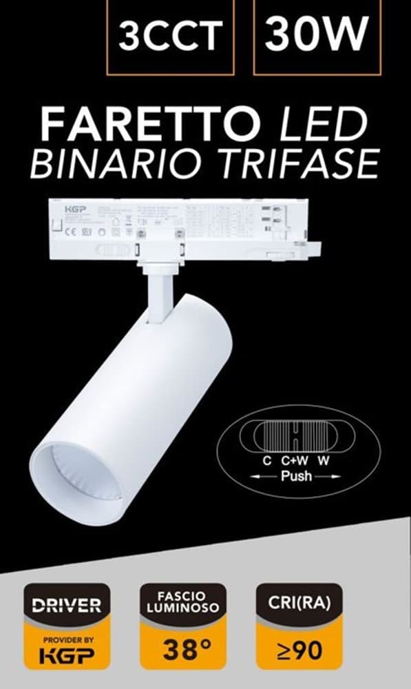 FARETTO A LED PER PISTA BINARIO TRIFASE 30 W CCT LUCE 300K-4000K-5000K IP20 GD23K-3C - 5