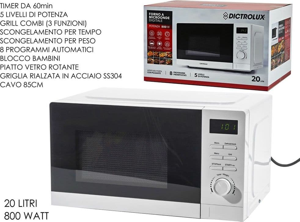 FORNO A MICROONDE DIGITALE BIANCO 20LT 800W 5 LIVELLI POTENZA 8 PROGRAMMI BLOCCO BAMBINI - 2